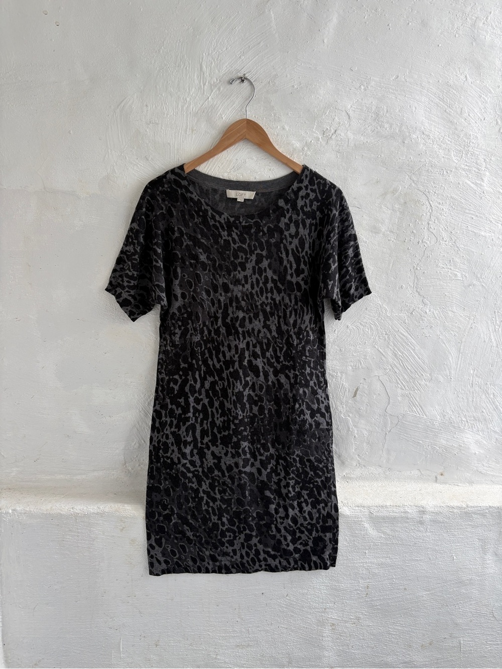 Ann Taylor LOFT black and gray leopard print short-sleeve wool sweater dress